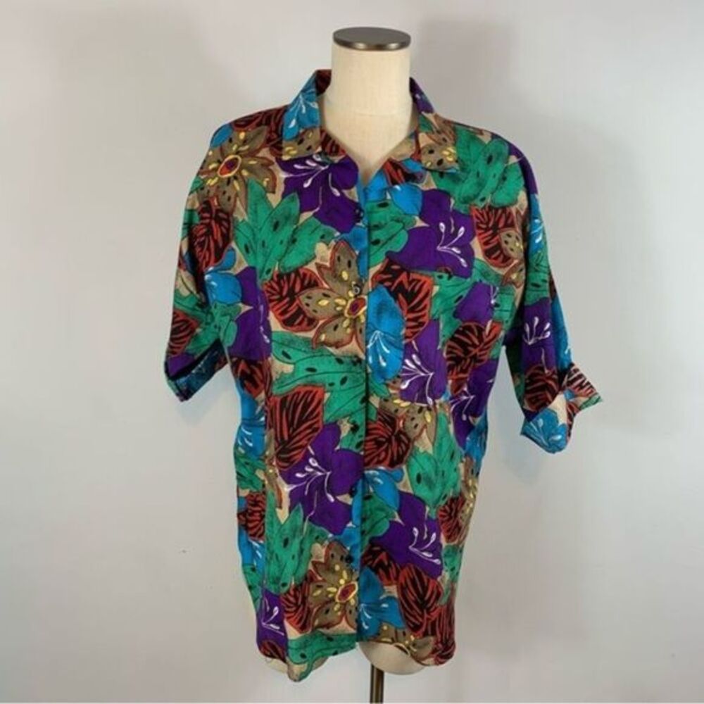 Vintage 80’s Floral Abstract At to Wear Novelty Print Button Front Top Large